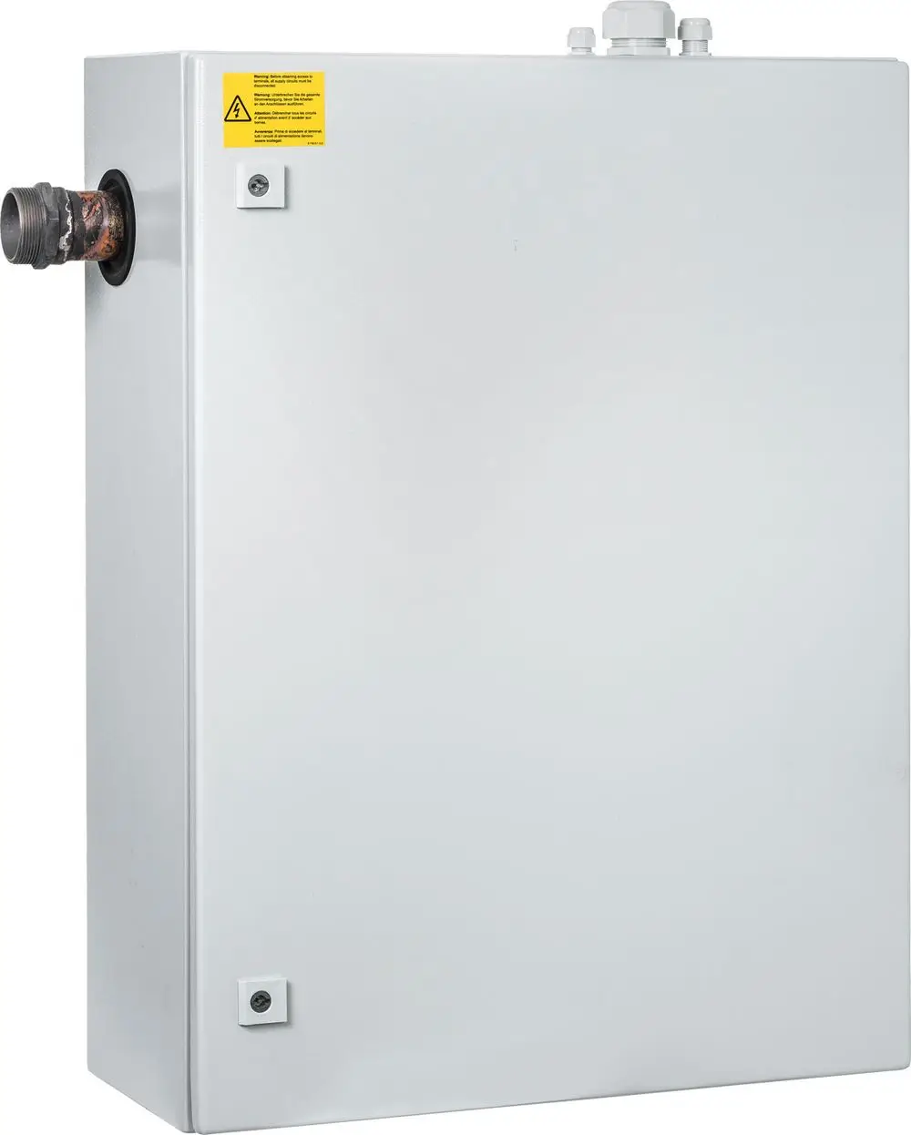 Weißes, rechteckiges Gehäuse mit Anschlüssen für die Verbindung an Heizsysteme, vermutlich Zubehör für Heiztechnik von Bosch.